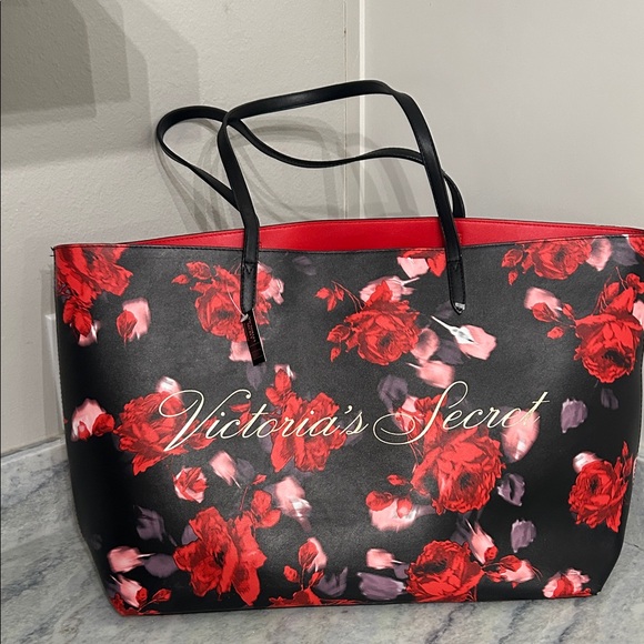 Victoria's Secret Handbags - Victoria's Secret Black Tote with Red Floral Print